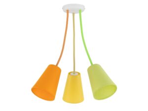 Miniaturka 2 - Kolorowa lampa sufitowa Wire z trzema tkaninowymi abażurami na białym tle