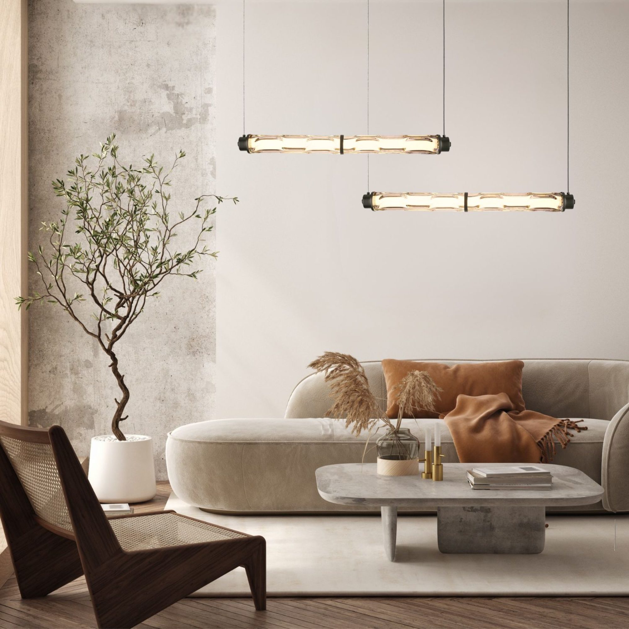 Krótka lampa Telimio w aranżacji salonu obok drugiej dłuższej oprawy