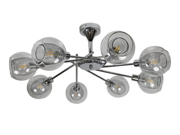 Ośmiopunktowa lampa Tereseta z chromowanymi ramionami i przezroczystymi szklanymi kulami
