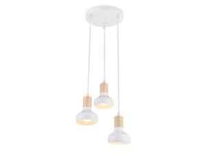 Miniaturka 3 - Lampa wisząca Gilata biała trzy metalowe klosze z drewnopodobnym akcentem