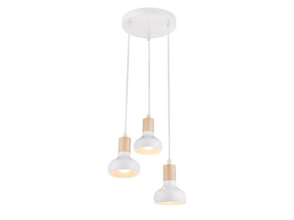 Lampa wisząca Gilata biała trzy metalowe klosze z drewnopodobnym akcentem