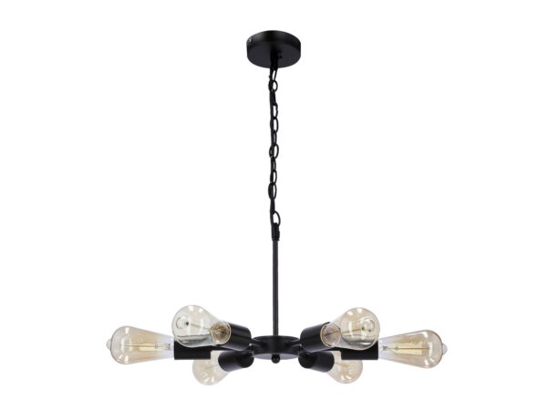 Czarna lampa wisząca Revemino z sześcioma poziomymi oprawkami E27, widok na białym tle