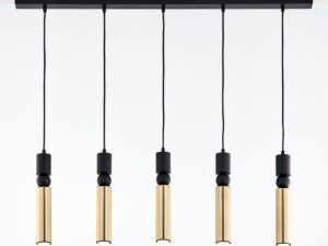 Miniaturka 1 - Lampa wisząca Alas pięciopunktowa, czarna listwa i pięć złotych cylindrycznych opraw na czarnych przewodach