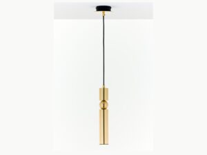 Miniaturka 9 - Lampa wisząca Alas w złotym wykończeniu, złote cylindry i złota kula, pełny widok