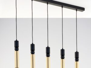 Miniaturka 4 - Lampa wisząca Alas pięciopunktowa z czarną belką sufitową, pięć złotych stalowych cylindrów na czarnych przewodach