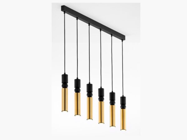 Lampa Alas 6-punktowa z czarno-złotymi cylindrami, widok ukośny