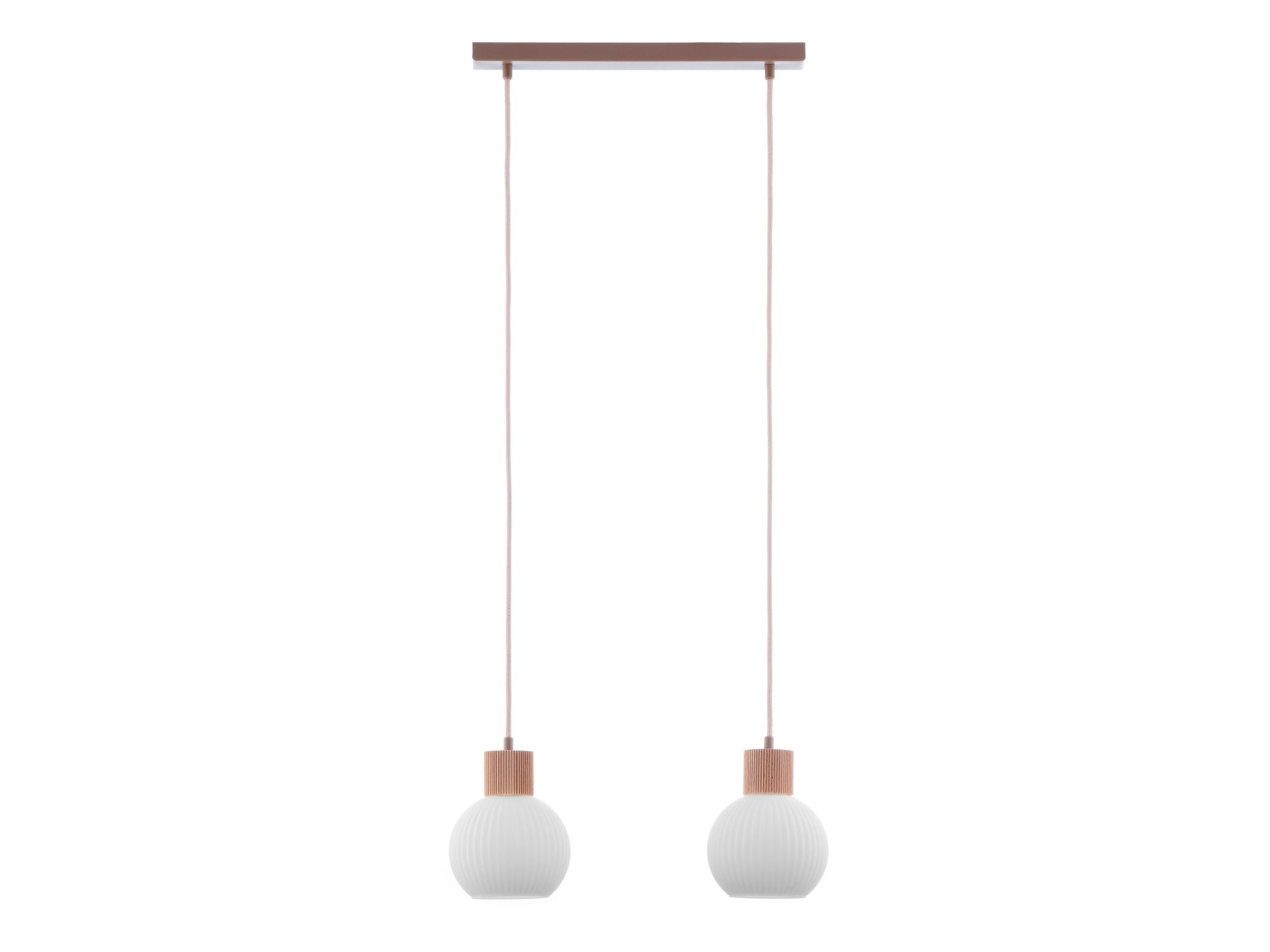 Lampa wisząca Alba 2 z dwoma białymi ryflowanymi kloszami na jasnym tle