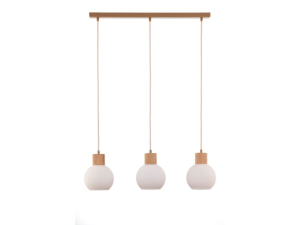Lampa wisząca Alba 3 liniowa z trzema ryflowanymi białymi kloszami na białym tle