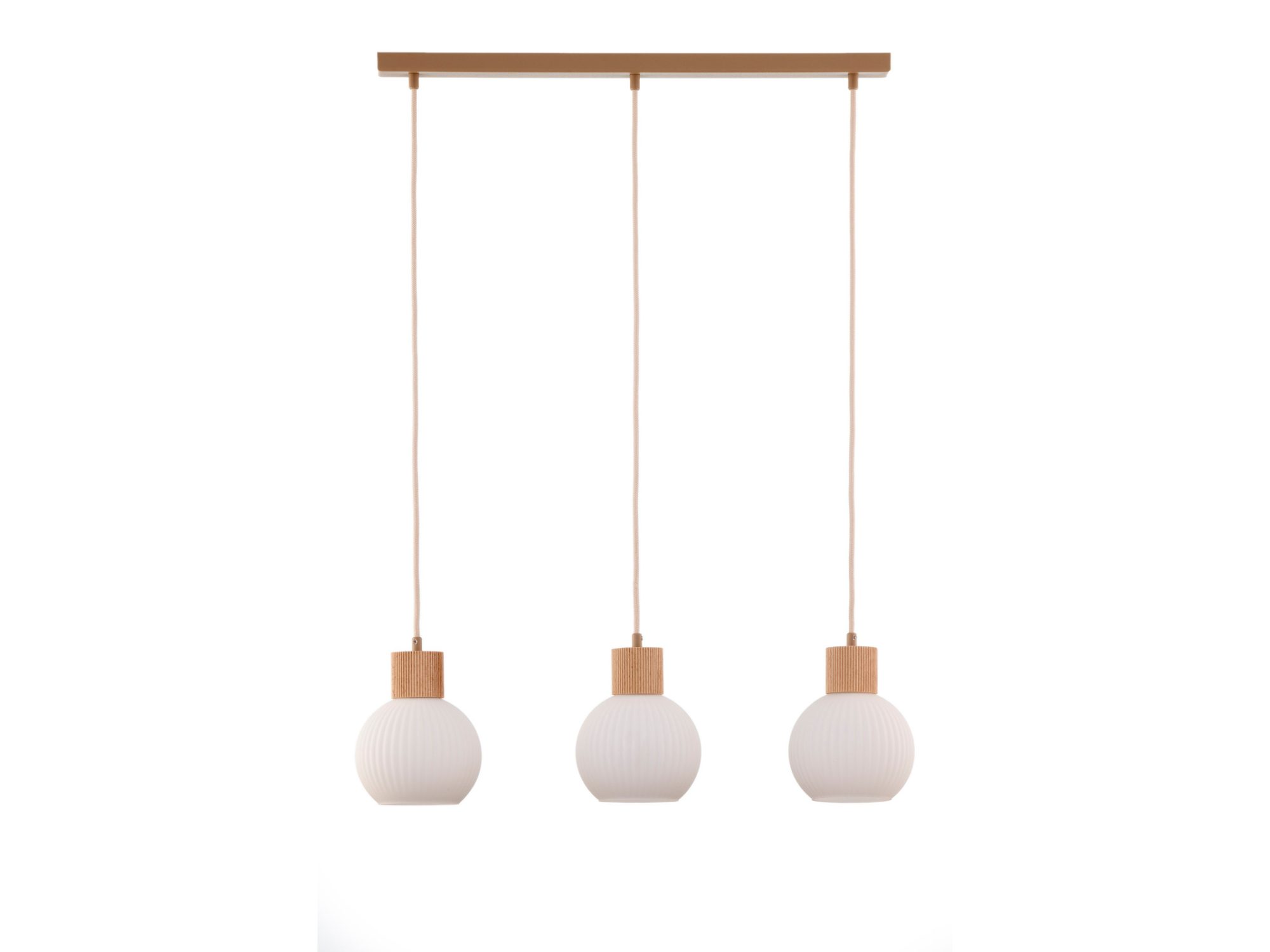Lampa wisząca Alba 3 liniowa z trzema ryflowanymi białymi kloszami na białym tle