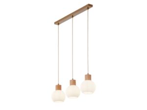Miniaturka 3 - Lampa wisząca Alba 3 z trzema włączonymi szklanymi kloszami w ujęciu ukośnym