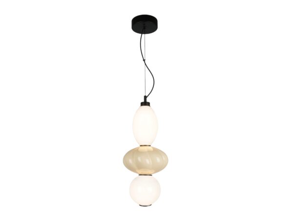 Lampa wisząca Aledela LED 18 W z trzema białymi i beżowymi szklanymi segmentami na białym tle