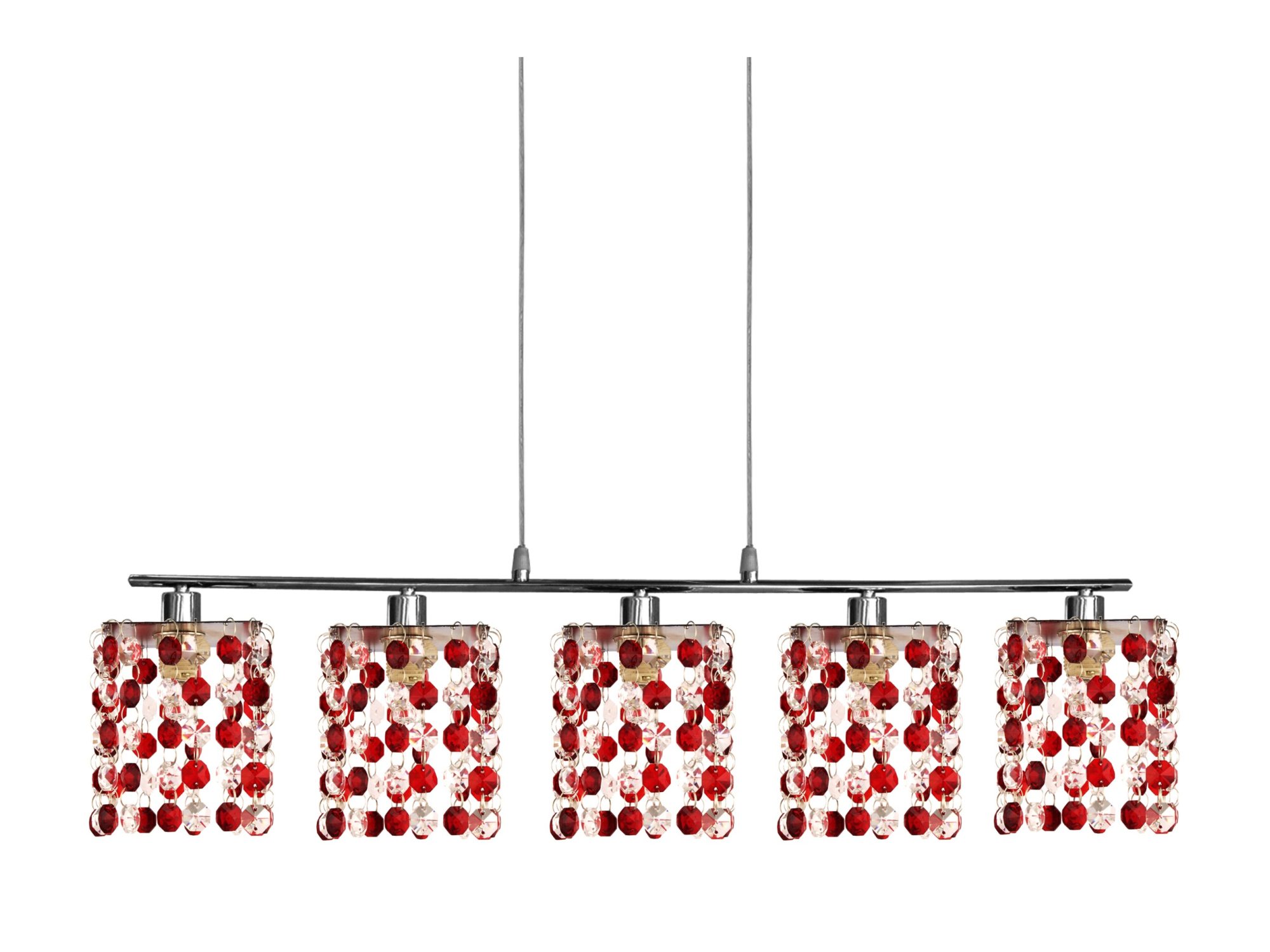 Lampa wisząca Alimena z pięcioma punktami G9 i czerwonymi kryształkami na białym tle