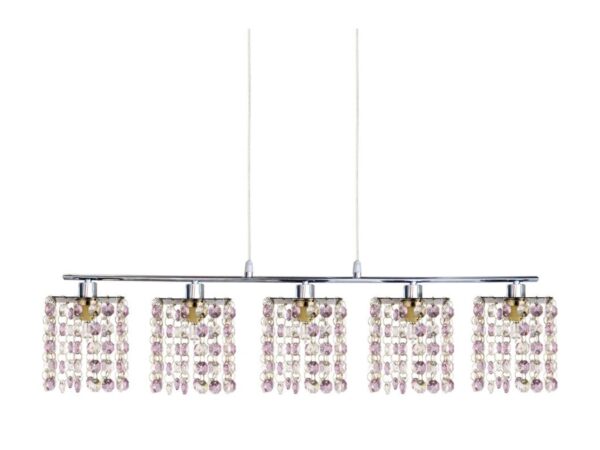 Lampa wisząca Alimena z pięcioma punktami G9 i fioletowymi kryształkami na białym tle