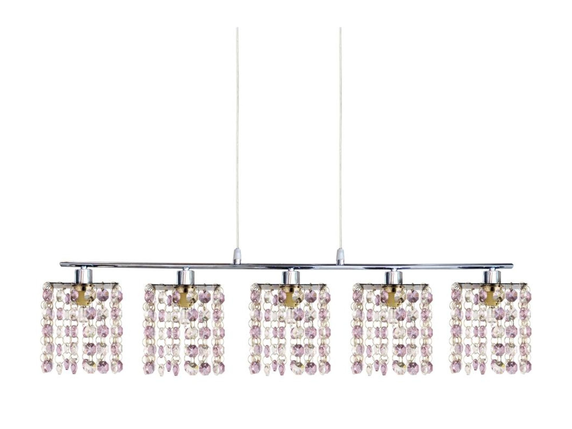 Lampa wisząca Alimena z pięcioma punktami G9 i fioletowymi kryształkami na białym tle