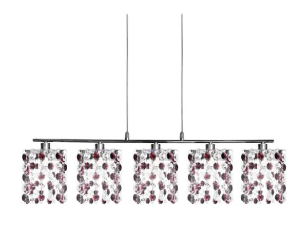 Pięciopunktowa lampa wisząca Alimena w chromie z burgundowymi kryształkami