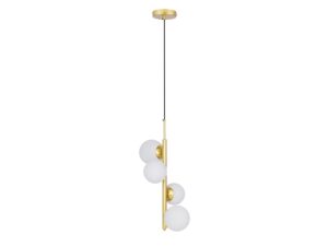 Miniaturka 4 - Lampa wisząca Alitio ze złotym pionowym ramieniem i czterema białymi kulistymi kloszami na białym tle