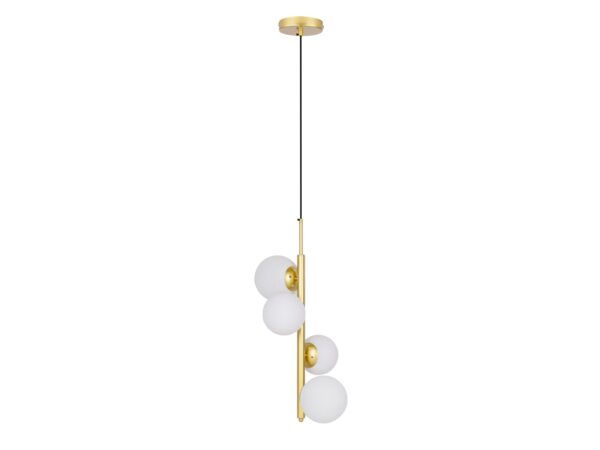 Lampa wisząca Alitio ze złotym pionowym ramieniem i czterema białymi kulistymi kloszami na białym tle