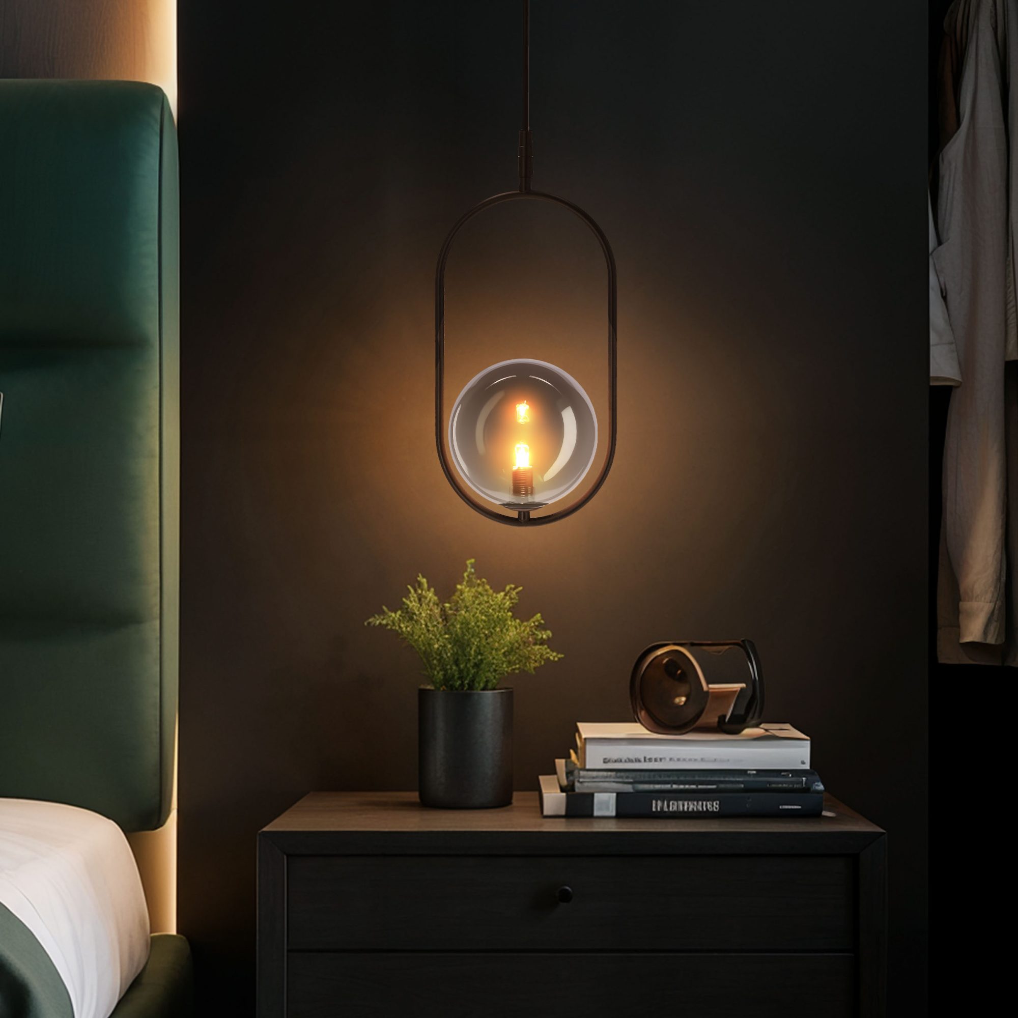 Lampa Alitio grafitowa szklana kula drugie ujęcie we wnętrzu