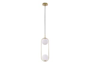Miniaturka 5 - Lampa wisząca Alitio mosiężna z dwoma białymi szklanymi kulami i owalną ramą