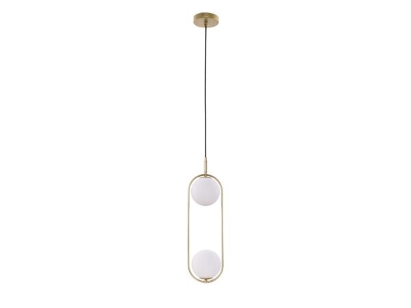 Lampa wisząca Alitio mosiężna z dwoma białymi szklanymi kulami i owalną ramą