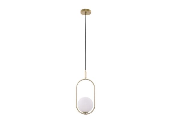 Lampa wisząca Alitio mosiężna ze szklanym białym kulistym kloszem na białym tle