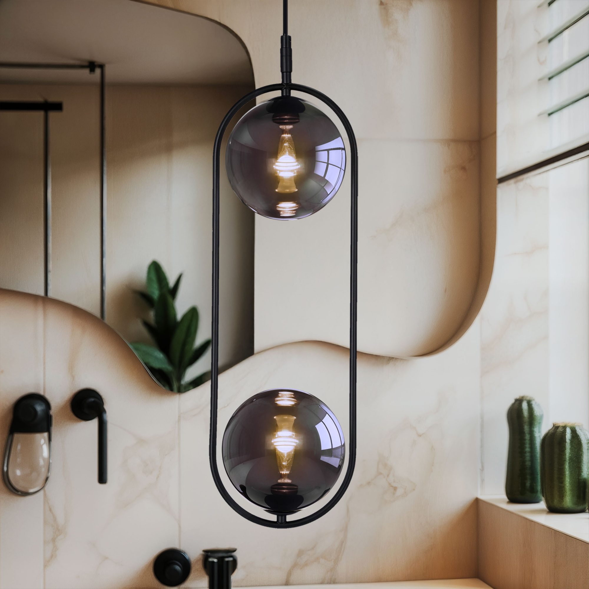 Lampa wisząca Alitio podwójna grafitowe kule we wnętrzu