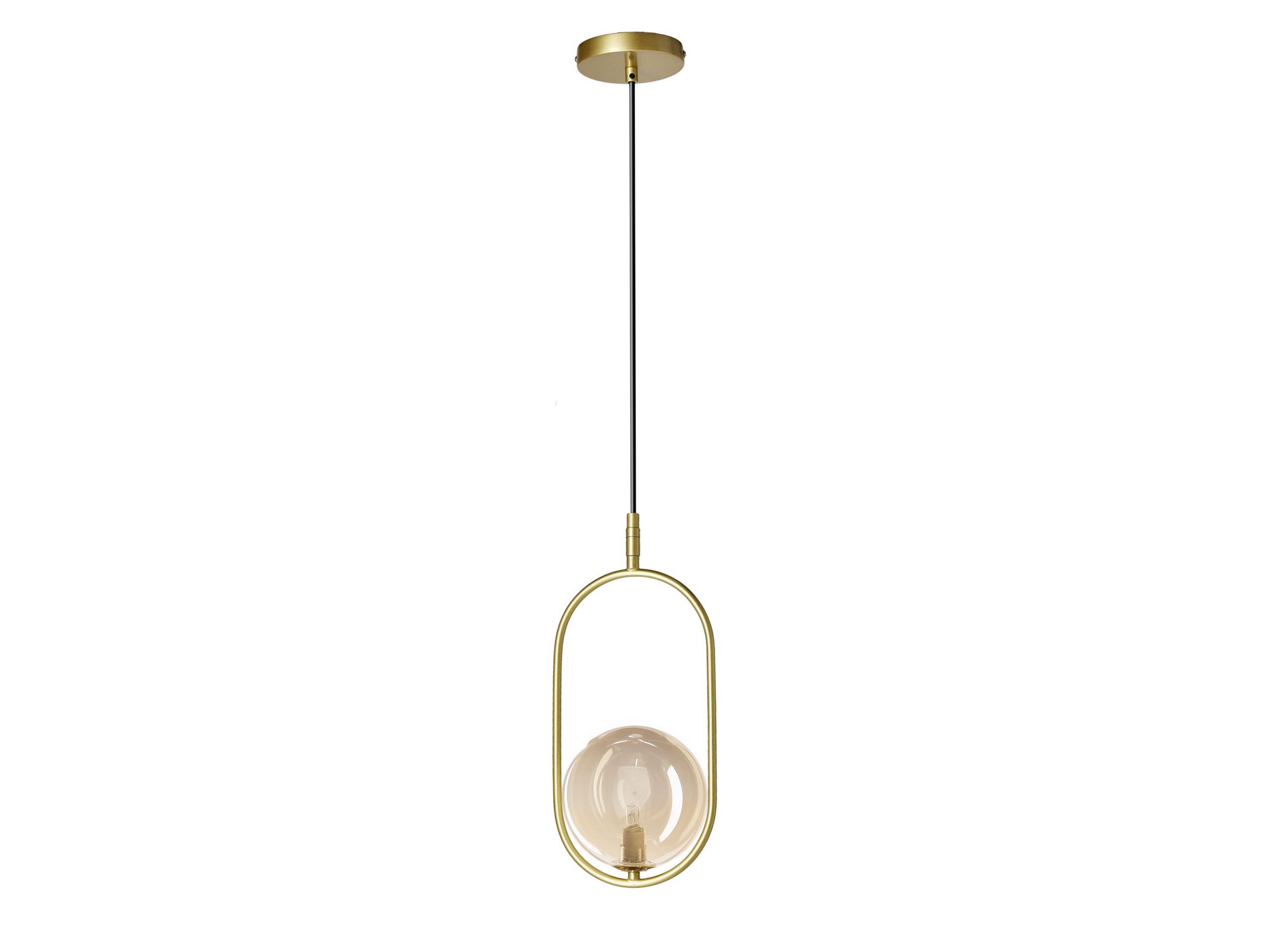 Złota lampa wisząca Alitio z bursztynowym kloszem kulą