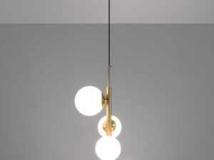 Miniaturka 2 - Wisząca lampa Alitio z czterema podświetlonymi mlecznymi kloszami i złotą pionową konstrukcją