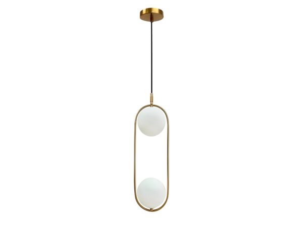 Lampa wisząca Alitio złota z dwiema białymi szklanymi kulami