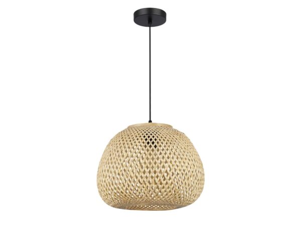 Lampa wisząca Alodina, naturalny ażurowy klosz bambusowy na białym tle