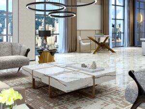 Miniaturka 9 - Czarna lampa wisząca Alomona w salonie z panoramicznymi oknami