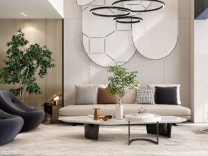 Miniaturka 6 - Czarna lampa Alomona z trzema obręczami LED nad sofą w salonie