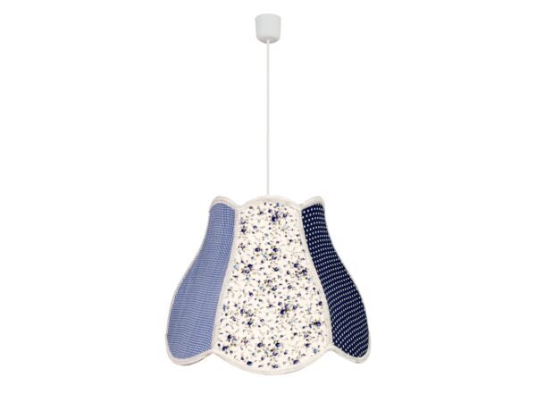 Lampa wisząca Alotora szaro-niebieska z tekstylnym abażurem w kratkę i kwiaty