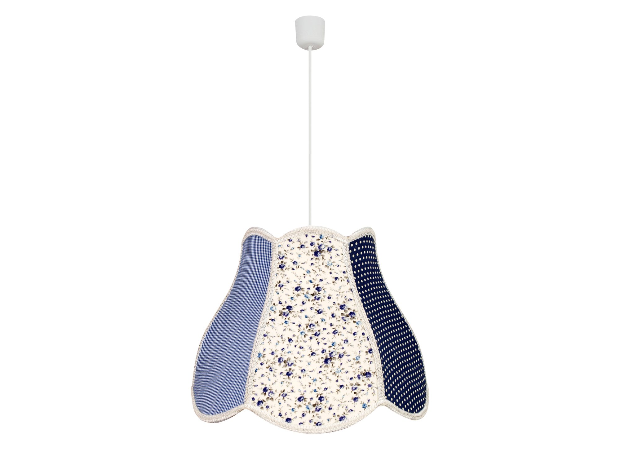 Lampa wisząca Alotora szaro-niebieska z tekstylnym abażurem w kratkę i kwiaty