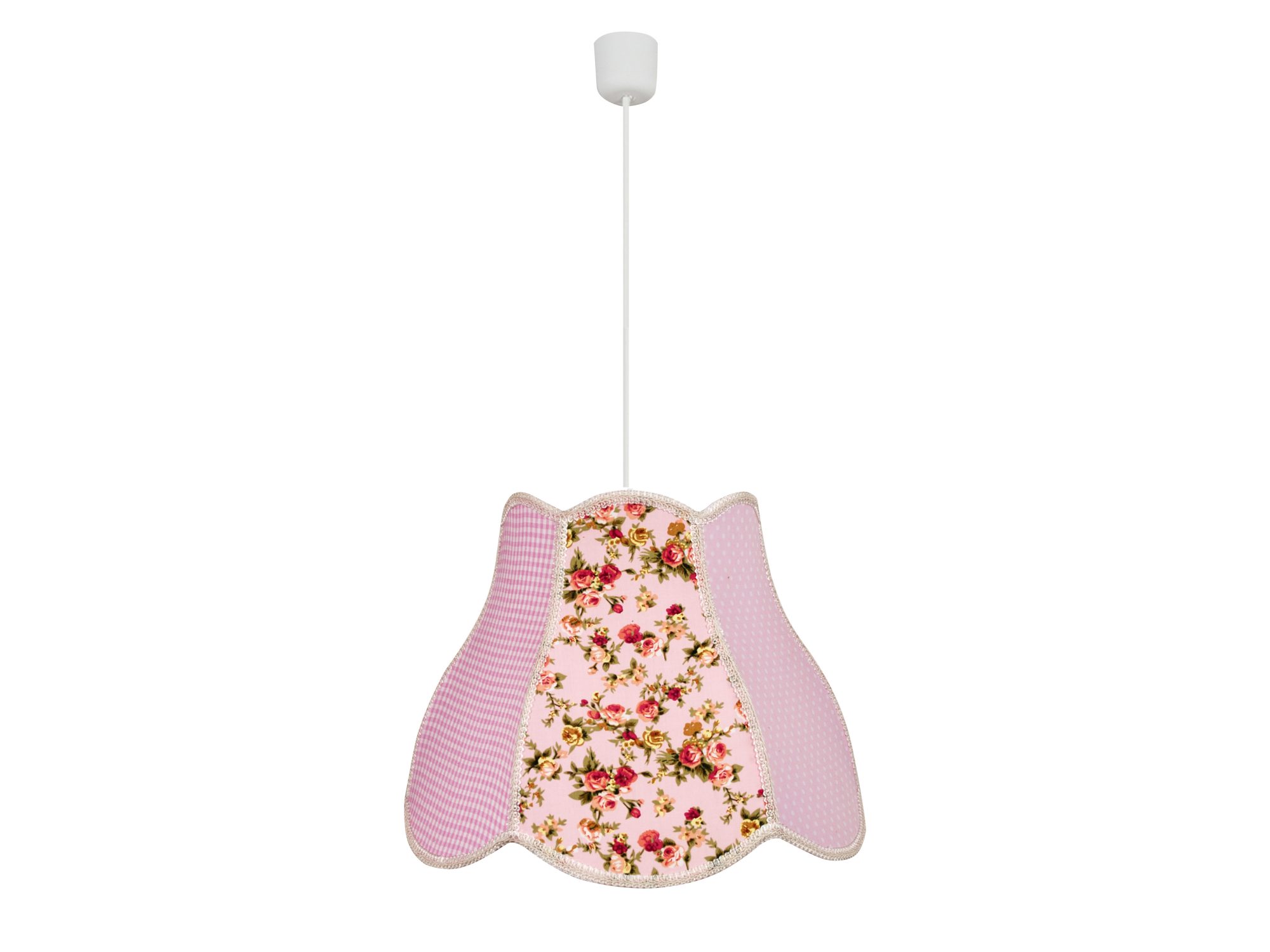 Różowa lampa wisząca Alotora z tekstylnym abażurem w róże, kratkę i kropki