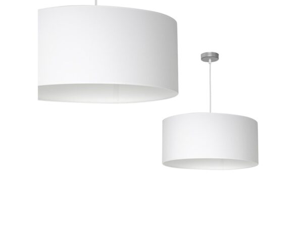 Lampa wisząca Alovino, biały tkaninowy abażur z chromowanym detalem, widok całej oprawy