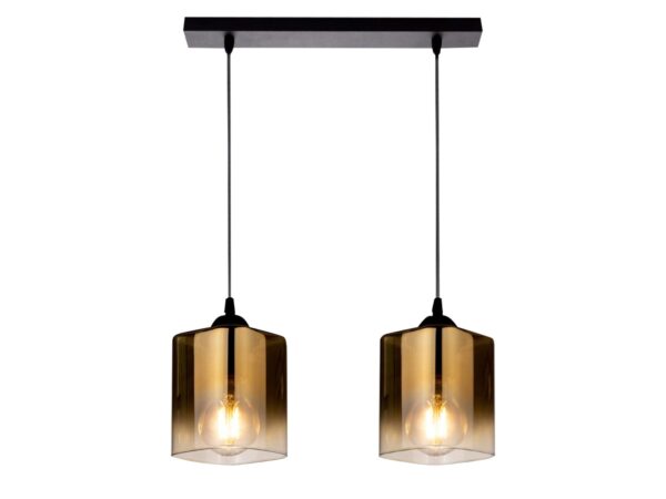 Lampa wisząca Amadio dwupunktowa z czarną belką i dwoma złotymi kloszami