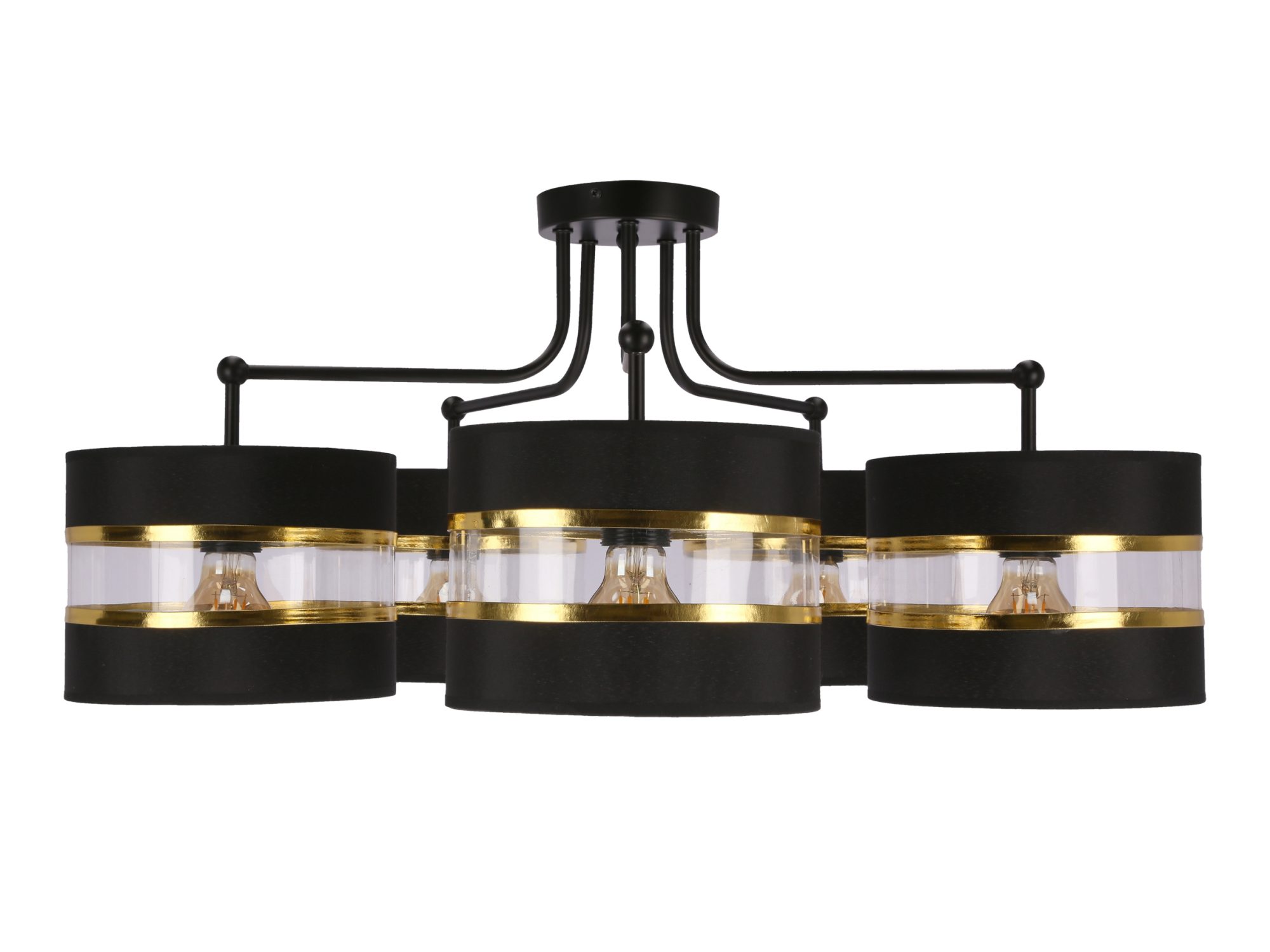 Lampa wisząca Amasora pięciopunktowa z czarno-złotymi abażurami na białym tle