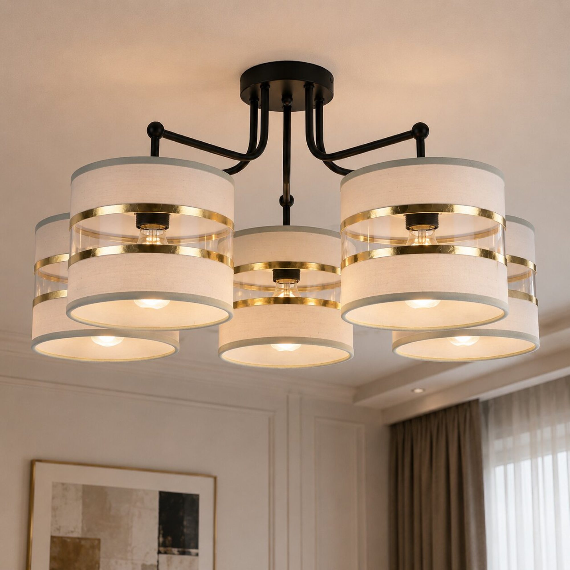 Lampa Amasora w wersji szaro-złotej, aranżacja wnętrza