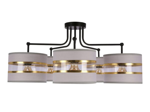 Lampa wisząca Amasora z pięcioma szaro-złotymi abażurami, na białym tle