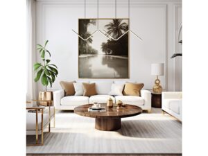 Miniaturka 3 - Lampa wisząca Ametia nad białą sofą i drewnianym stolikiem w jasnym salonie