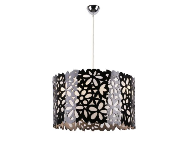 Lampa wisząca Amevona z czarnym ażurowym abażurem w kwiatowe wzory i stalowym zawieszeniem