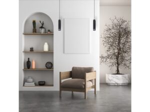 Miniaturka 3 - Aranżacja salonu z dwoma czarnymi wiszącymi lampami Amilina po bokach dekoracji ściennej