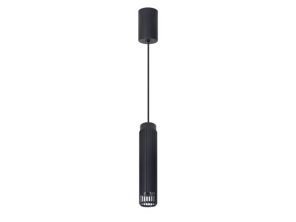 Czarna lampa wisząca Amilina GU10, wąski ryflowany klosz i okrągła podsufitka, pełny packshot na białym tle