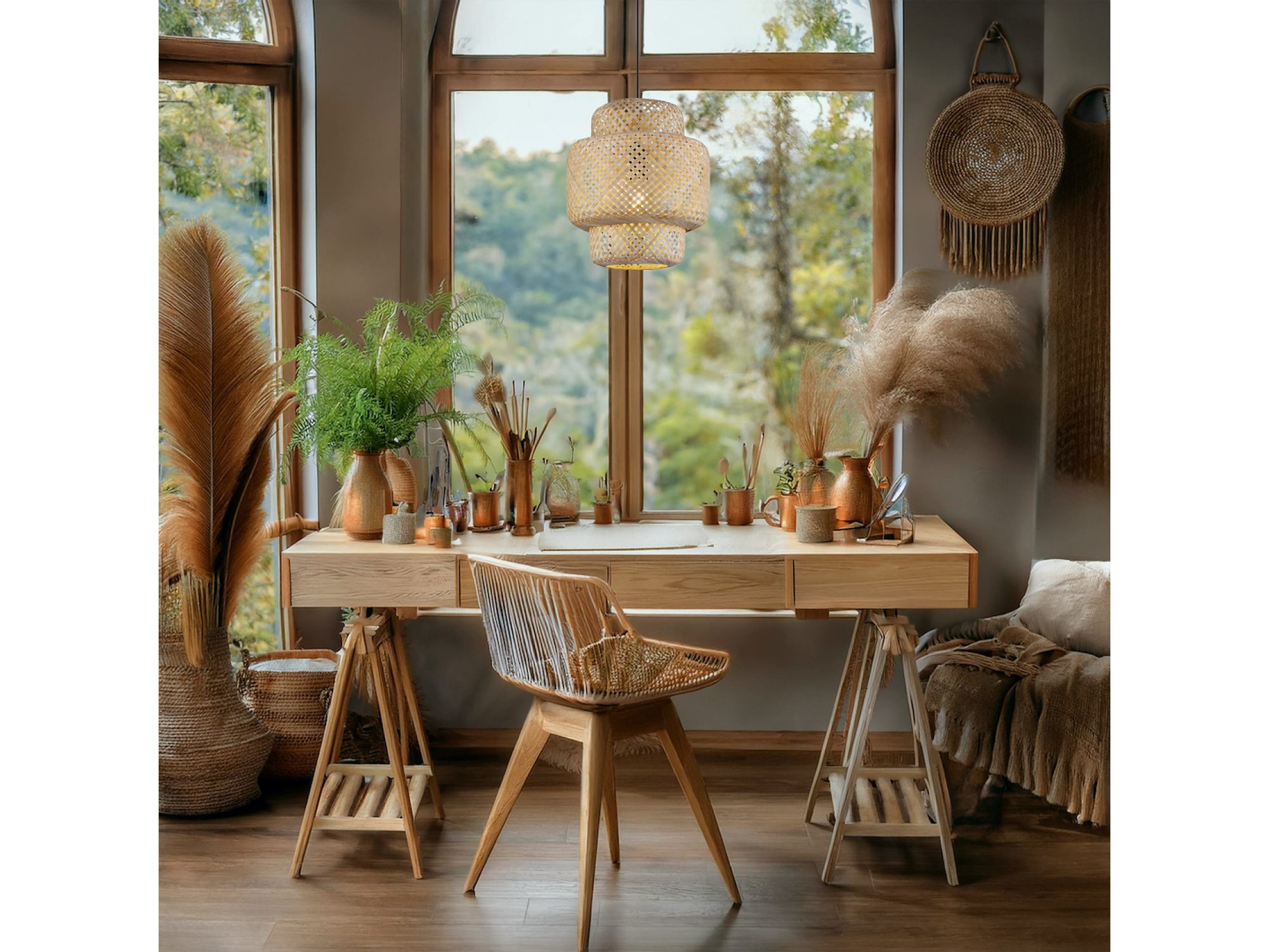 Lampa Amisino 30 cm nad jasnym biurkiem przy oknie