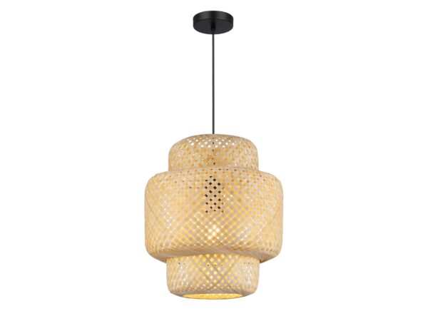 Lampa wisząca Amisino 30 cm z plecionym jasnym kloszem i czarnym zawieszeniem na białym tle