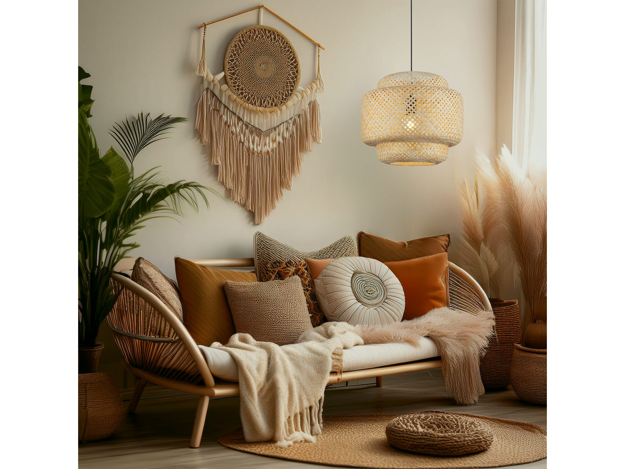 Pleciona lampa Amisino 40 cm nad siedziskiem w salonie boho