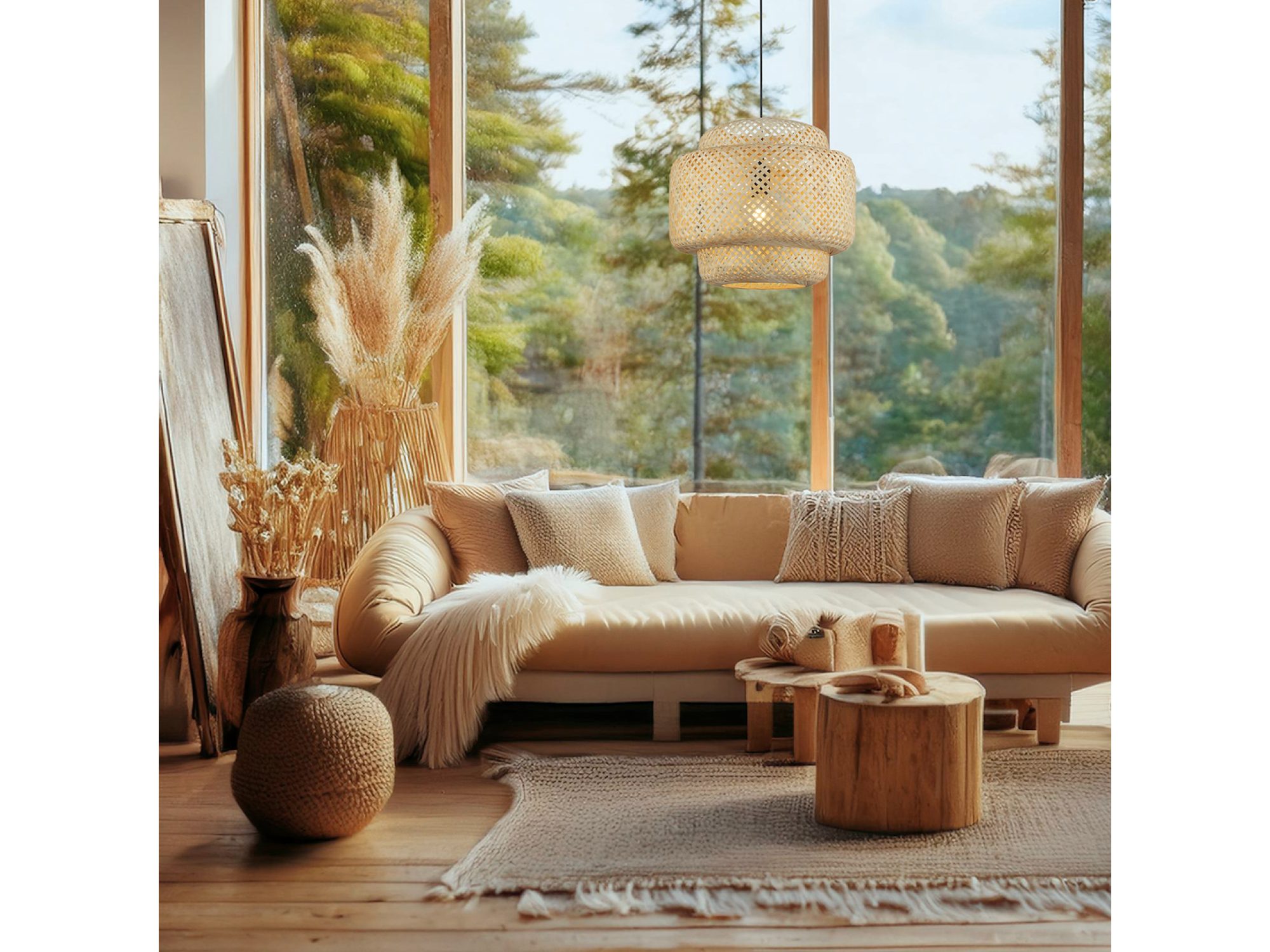 Lampa Amisino 40 cm przy dużych oknach w jasnym salonie