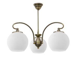 Miniaturka 2 - Lampa wisząca Amodeta z trzema białymi szklanymi kulami i patynowanymi ramionami