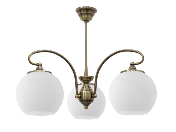 Lampa wisząca Amodeta z trzema białymi szklanymi kulami i patynowanymi ramionami